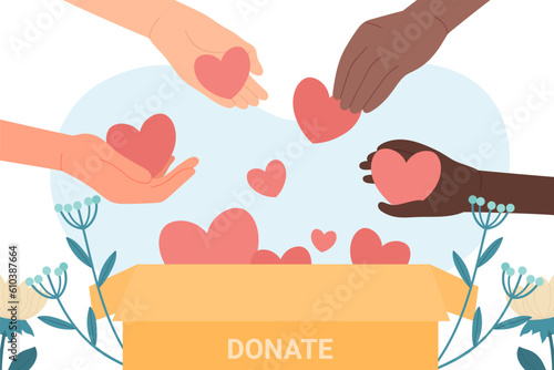 Hands donating and help. People give hearts to donation box flat vector illustration. Hope, solidarity, aid for refugees concept photo