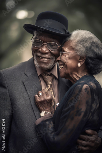 Generative AI illustration of Black Couple of old people hugging and in love in a park in autumn time