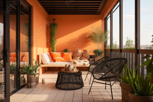 Cozy balcony with sofa and chairs. Orange, green and black colors. African eco interior design. Super photo realistic background, generative ai illustrarion photo