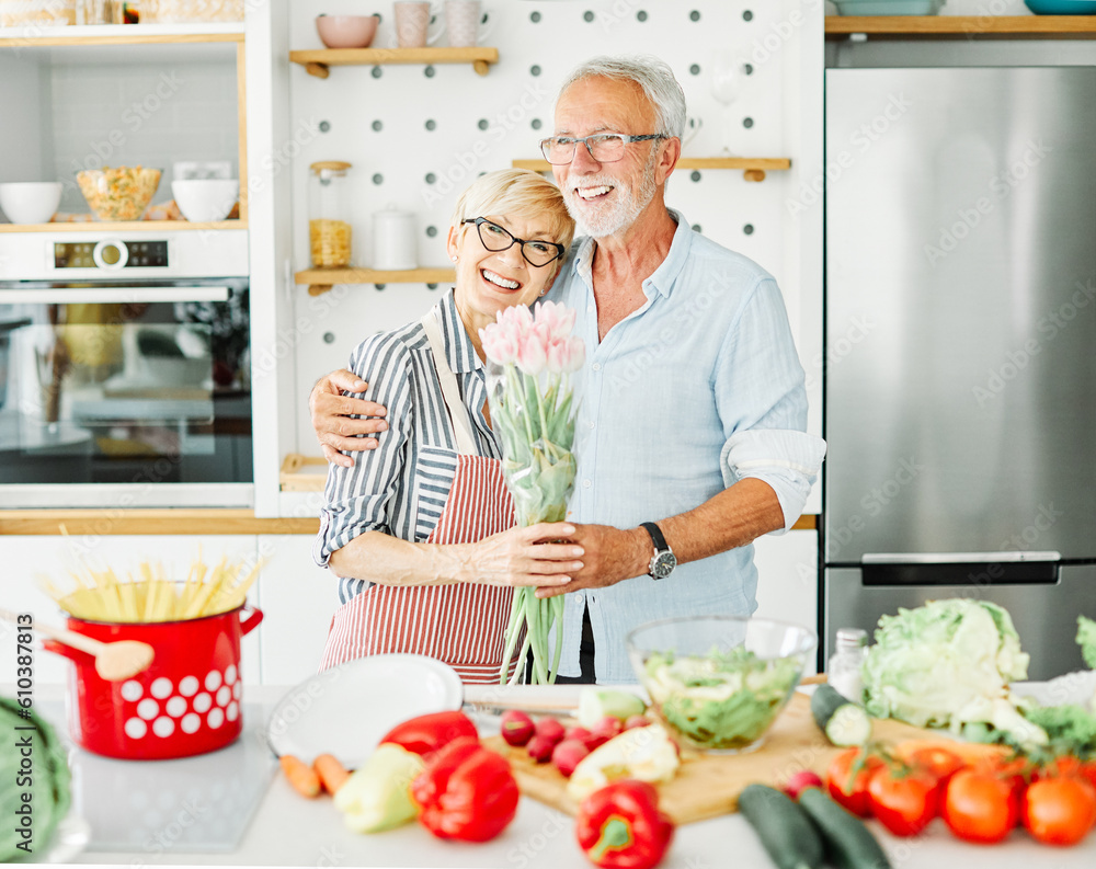 love kitchen senior woman man couple retirement happy bouquet valentines day husband wife flower love kitchen senior woman man couple retirement happy bouquet valentines day husband wife flower