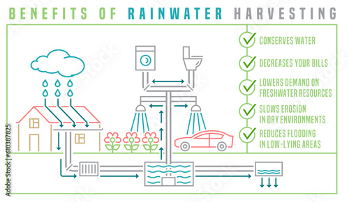 Rainwater harvesting scheme. Editable isolated vector illustration