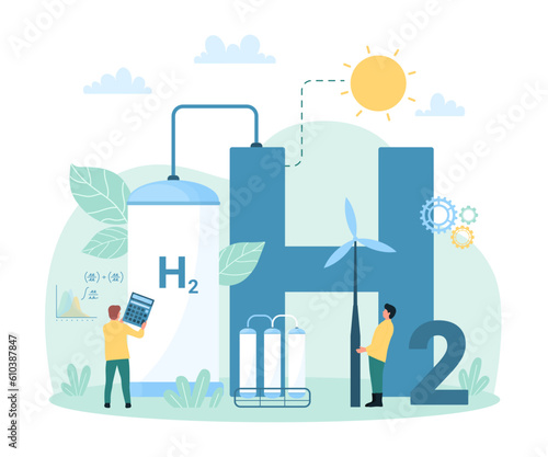 Green hydrogen production in H2 fuel plant, infographic vector illustration. Cartoon tiny people use renewable energy sources, wind turbine and chemical hydrogen station to produce electricity
