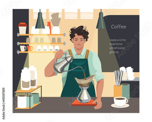 Handsome illustration of man pouring coffee through filter at cafe. Small business owner. Professional barista occupation. Coffee shop worker. Cartoon flat style vector