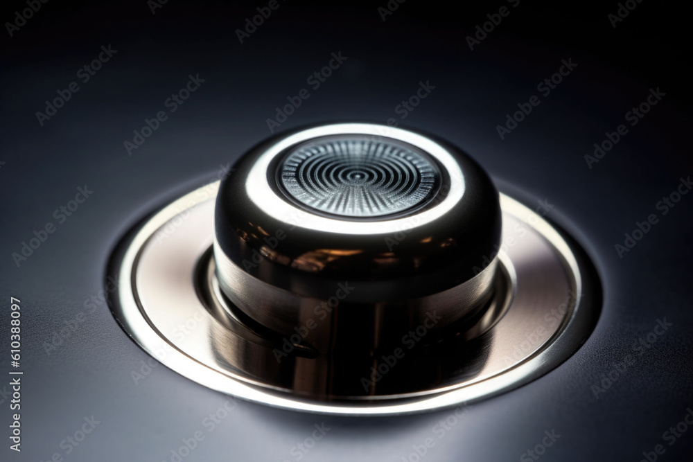 Modern black round shaped button with brightsign. Hardware equipment concept. Generative AI Modern black round shaped button with brightsign. Hardware equipment concept. Generative AI