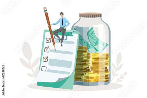 Money management. Faceless businessperson seated on clipboard beside savings jar putting checkmarks in checkboxes on checklist with red pencil. Vector illustration