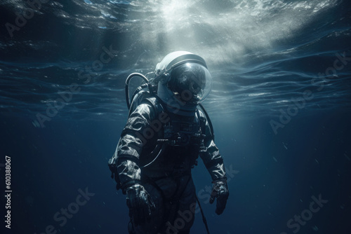 An astronaut is floating in the ocean. Spaceman in the underwater. Generative AI © barmaleeva