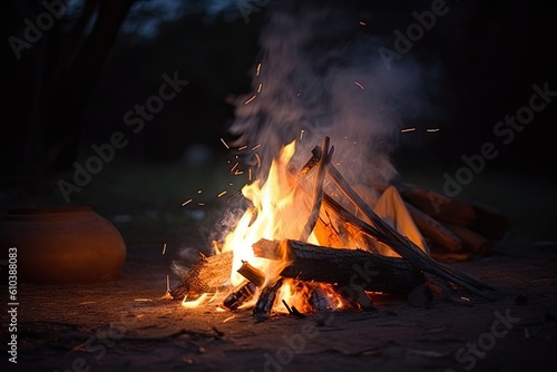 Campfire at touristic camp in the night. Flame and fire sparks on dark background. Generative AI