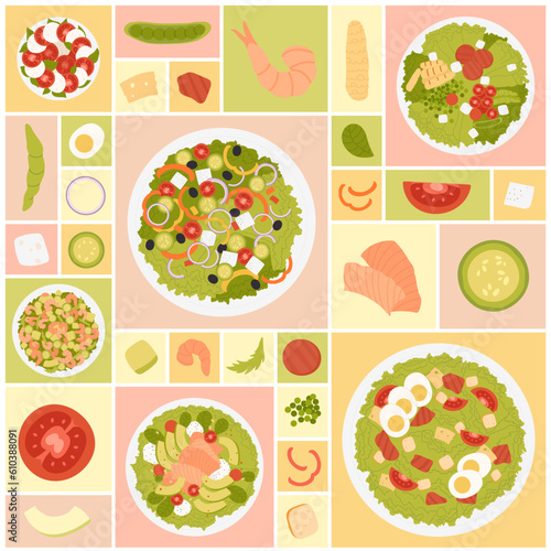 Salad set vector illustration. Cartoon isolated top view of healthy food, salad plates and ingredients, fresh vegetable and shrimp, salmon and avocado slice in trendy geometric design background