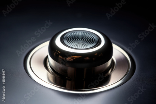 Modern black round shaped button with brightsign. Hardware equipment concept. Generative AI photo