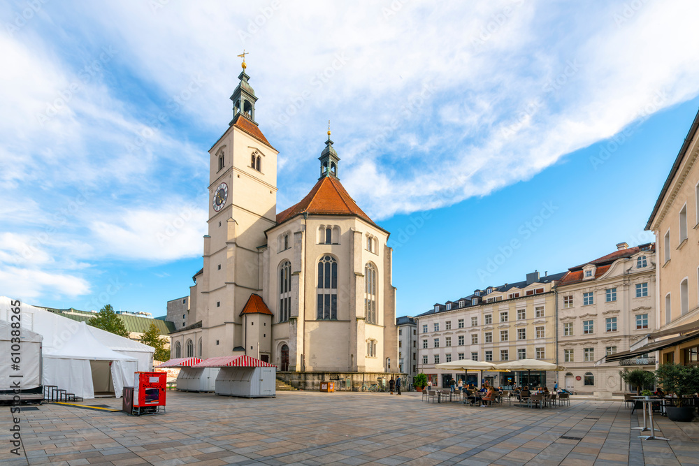 The Neupfarrkirche Church, or New Parish Church, a 16th century Lutheran and Protestant church in the historic Altstadt old town of the Bavarian city of Regensburg, Germany.