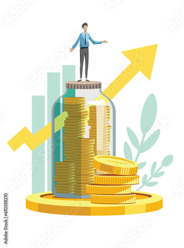 Ambitious money goals. Faceless male character standing on jar lid filled with gold coins with rising income curve on background. Vector illustration