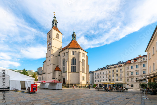 The Neupfarrkirche Church, or New Parish Church, a 16th century Lutheran and Protestant church in the historic Altstadt old town of the Bavarian city of Regensburg, Germany.