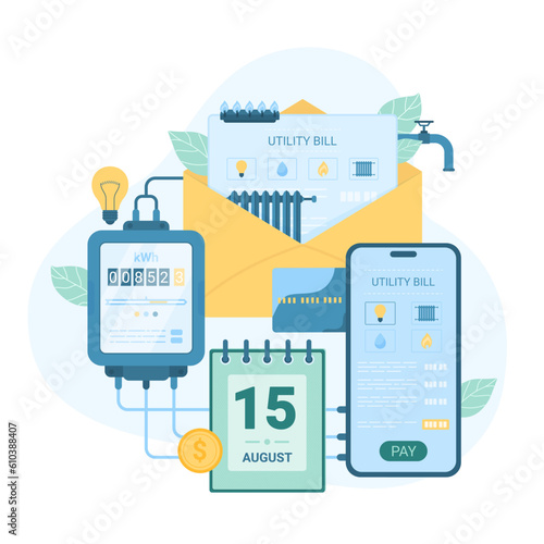 Payment of monthly utility bills vector illustration. Cartoon meter with readings, envelope with invoice for heating and water, gas and electricity, date of payment and mobile phone with app to pay