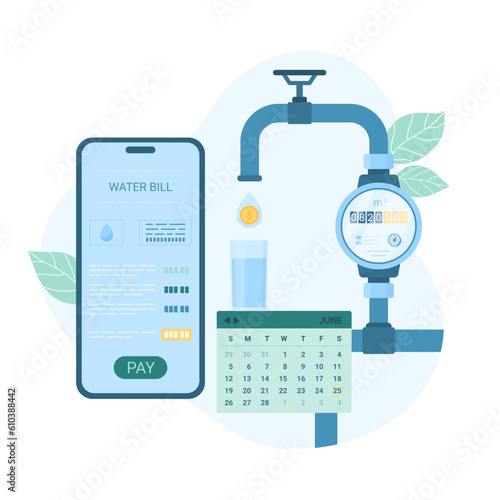 Paying of water supply bill vector illustration. Cartoon phone with mobile app to pay money for consumption, water drop falling from tap with gauge meter and calendar with monthly payment date