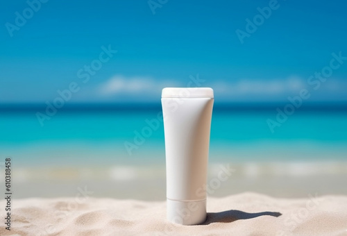 Blank empty white plastic tube. Sunscreen lotion on sandy beach  summer composition with sunglasses  blue sea as background  copy space. Summer vacation and skin care concept  spf uv-protect cosmetic.