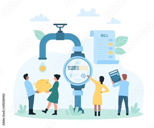 Water bill payment vector illustration. Cartoon tiny people check readings on dial of water meter to pay cash money, customers hold calculator and piggy bank to save money and nature resource