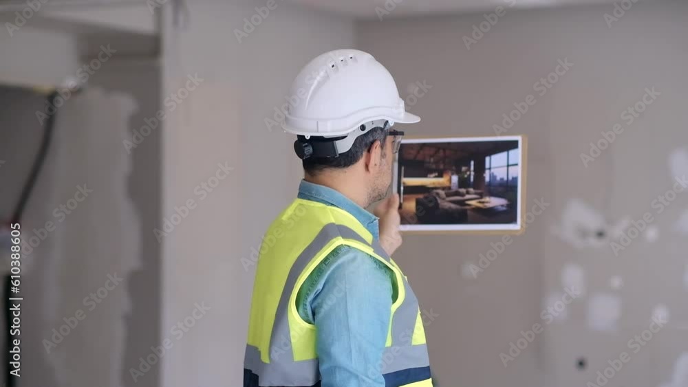 Engineer in protective helmet holding picture with stylish loft interior in hand stands in room in process of renovation worker in professional uniform imagining ultimate apartment interior Engineer in protective helmet holding picture with stylish loft interior in hand stands in room in process of renovation worker in professional uniform imagining ultimate apartment interior