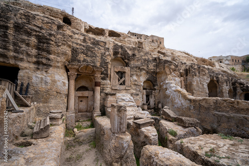 Exterior view of the 2000-year-old rock tombs from the Roman period in ancient Kizilkoyun Necropolis.