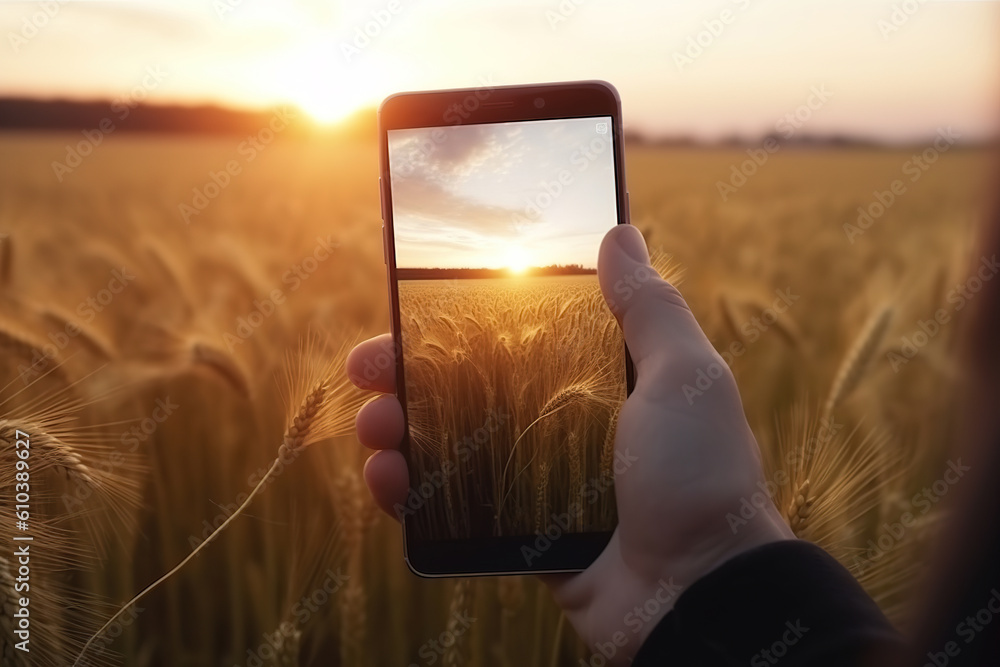 Fototapeta premium Picture of man's hand holding smartphone with beautiful picture on screen. Golden wheat at Sunset. Generative Ai