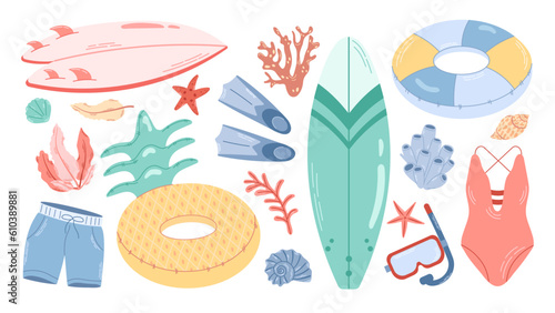 Sea summer set with shells, seaweed, surfboard and other staff for relaxing on the beach, swimming. Colored vector elements isolated on white background.