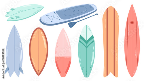 Various types of surfboards set. Colorful long and short water boards different design. Flat vector illustration isolated on white background.