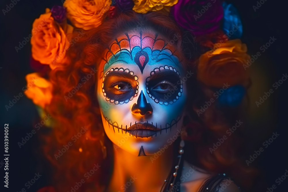 Dia de los muertos portrait of Calavera Catrina. Young woman with sugar skull makeup. Generative AI illustration