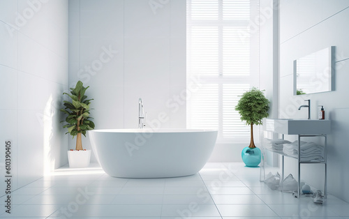 bathroom. With its white walls and minimalist features  this bathroom exudes a simple Scandinavian style.  Generative AI