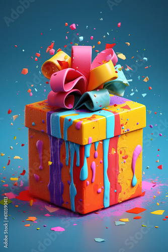Colorful 3D gift box covered in paint. Generative AI illustration