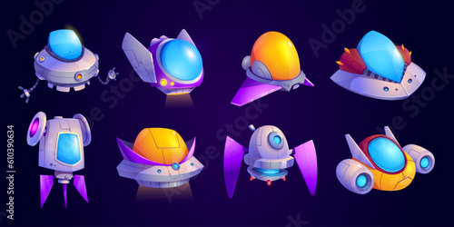 Alien spaceship cartoon game vector icon set. Ufo shuttle cute fantasy illustration. Colorful space ship ui asset collection. Travel transport for cosmos flight. Futuristic scifi galaxy vehicle