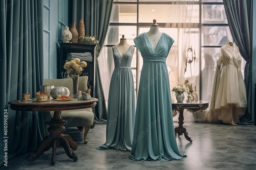 Elegant woman's wedding dress in the clothing store. Super photo realistic background, generative ai illustration