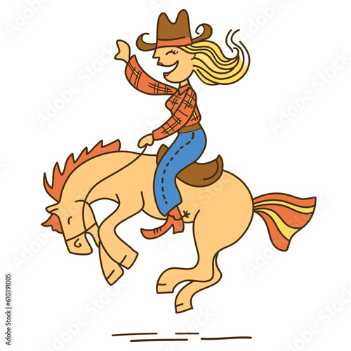 Cowgirl horse rider cartoon colored vector illustration isolated on white. Vector funny cowgirl riding wild horse. 