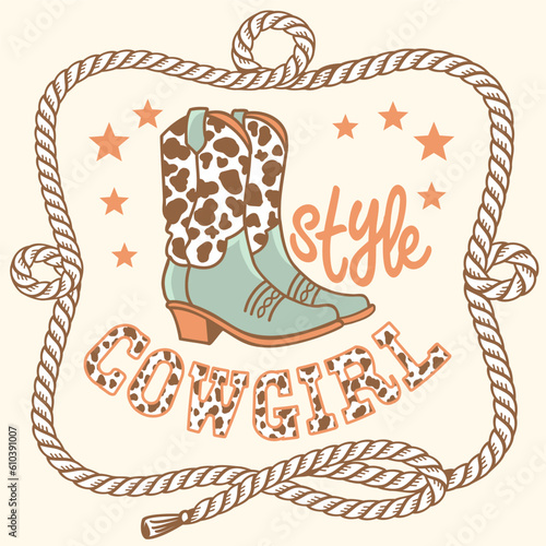 Cowgirl style vector illustration with cowboy boots and rope frame. Vector printable cowboy boots with cow pattern and stars decoration for design. Cowboy text background