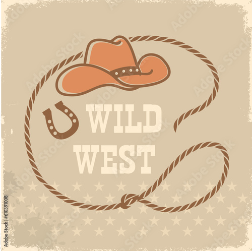 Rope frame with cowboy hat and lasso. Vector wild west illustration isolated on white foe design. © GeraKTV