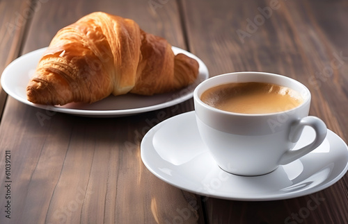 Illustration of black aromatic coffee with fresh tasty croissant on plate on wooden background. Delicious cheerful breakfast. Generative AI
