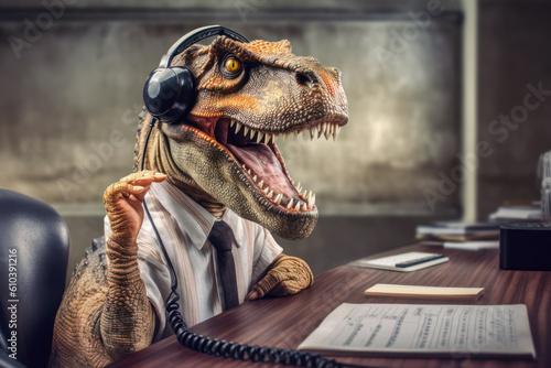 Funny looking dinosaur wearing headset at office desk, obsolete dying professions of call centre operator concept. Generative AI photo