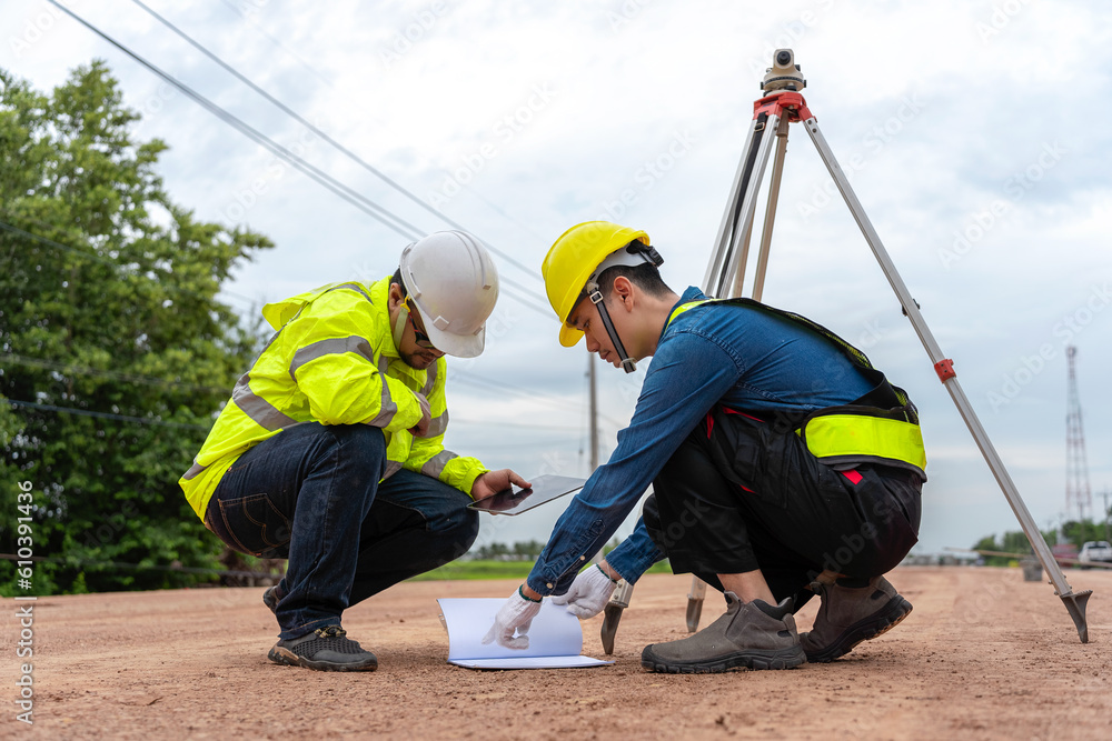 © VStudio - Asian engineer holding tablet to inspect work, with foreman using telescope to check pin against road plan, telescope and radio to control road construction, against road background under construction