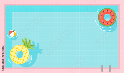 Summer Pool background vector illustration. Top view of swimming pool with fruit pool floats
