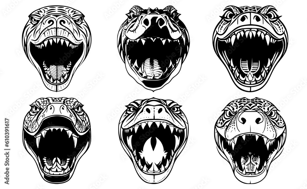 Set of snake heads with open mouth and bared fangs, with angry expressions of the muzzle. Symbols for tattoo, emblem or logo, isolated on a white background.