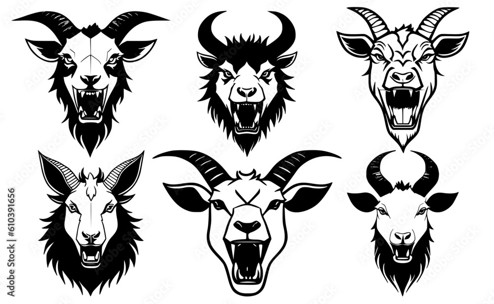 Set of goat heads with open mouth and bared fangs, with different angry