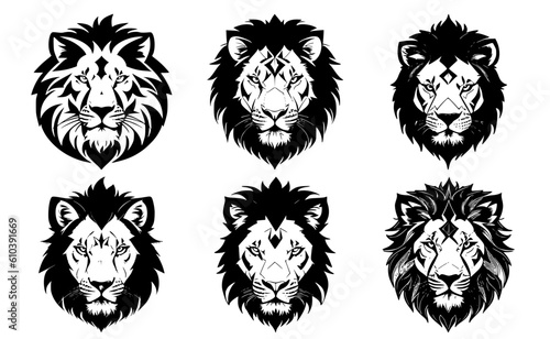 Set of lion heads with closed mouth, with different calm expressions of the muzzle. Symbols for tattoo, emblem or logo, isolated on a white background.