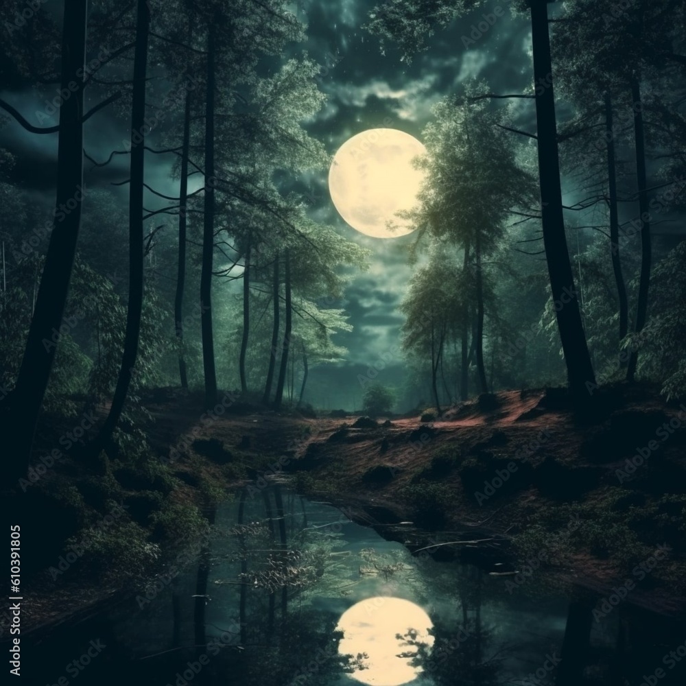 Fototapeta premium A forest in night with full moon Generative AI