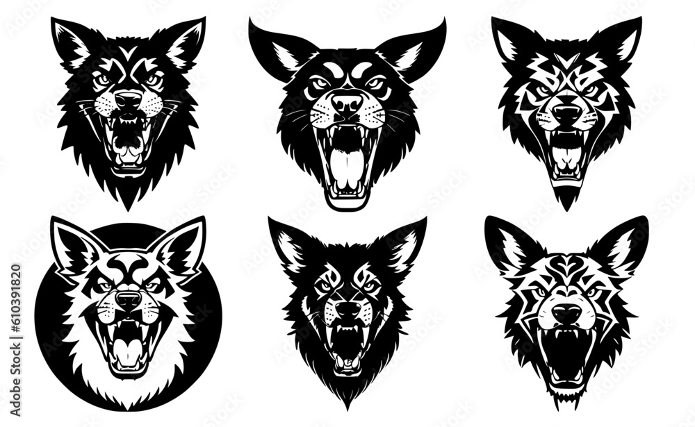 Set of dog heads with open mouth and bared fangs, with different angry expressions of the muzzle. Symbols for tattoo, emblem or logo, isolated on a white background.