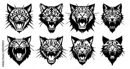 Set of cat heads with open mouth and bared fangs, with different angry expressions of the muzzle. Symbols for tattoo, emblem or logo, isolated on a white background.