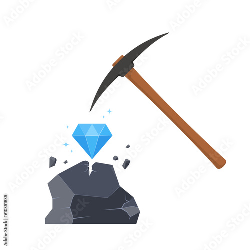 Vector icon of a pickaxe and a found shiny diamond. The concept of mining.