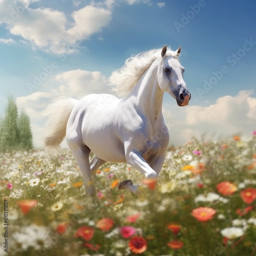white horse running in a flowers field at sunny day Generative AI