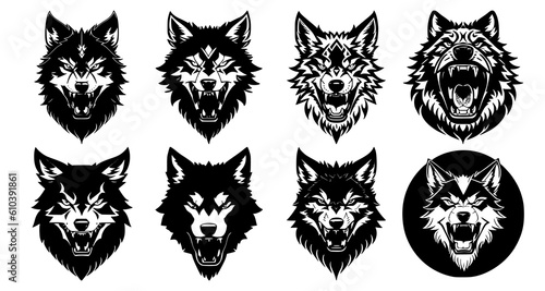 Set of wolf heads with open mouth and bared fangs, with different angry expressions of the muzzle. Symbols for tattoo, emblem or logo, isolated on a white background.