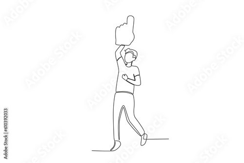 A man is excited to support his favorite team. Football supporter one-line drawing