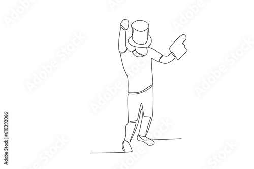 A man supports his team with gloves and a hat. Football supporter one-line drawing
