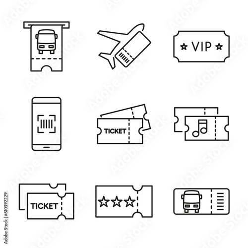 Vector set of admission tickets thin line. Collection of linear symbols on a white background. Editable stroke.