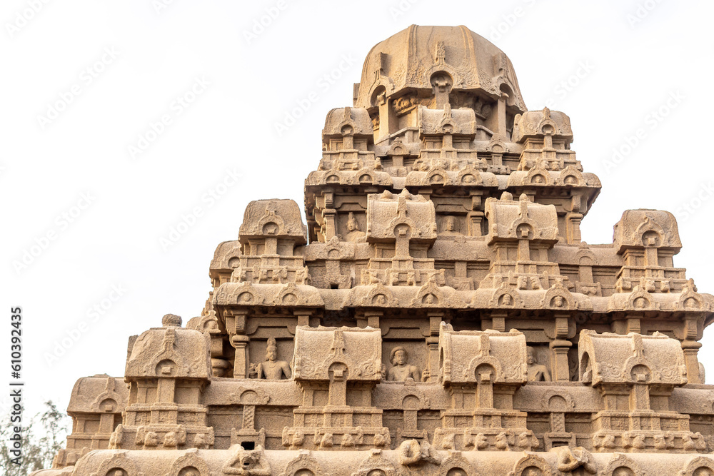 Excellent carving of pancha ratha at mahabalipuram. Monolithic architecture of cuttings from rocks made by pallavas